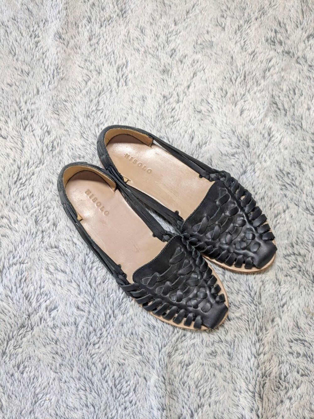 Nisolo Black Huarache Sandals Ecuador Leather Brown Slip On Shoes 7.5 Black - Picture 3 of 7
